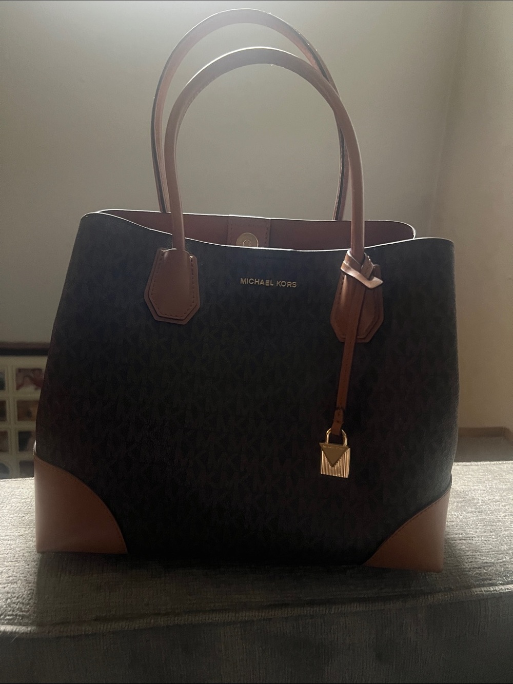 Michael Kors Black Logo Tote with Brown Leather Trim